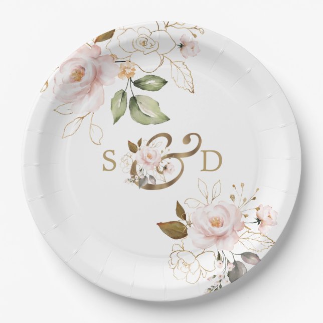 Whimsical Blush Gold Flowers Monogram Wedding Paper Plate (Front)