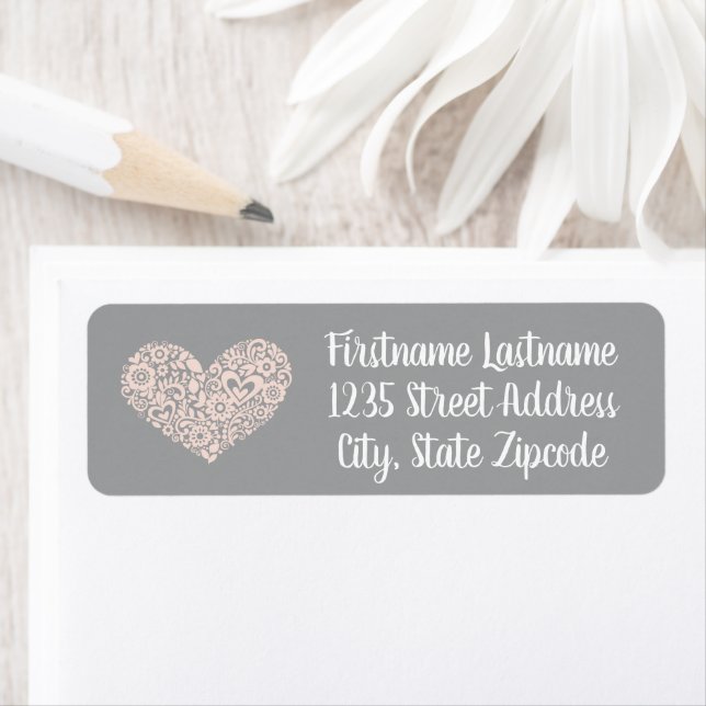 Whimsical Blush Heart Grey Wedding Address (Insitu)