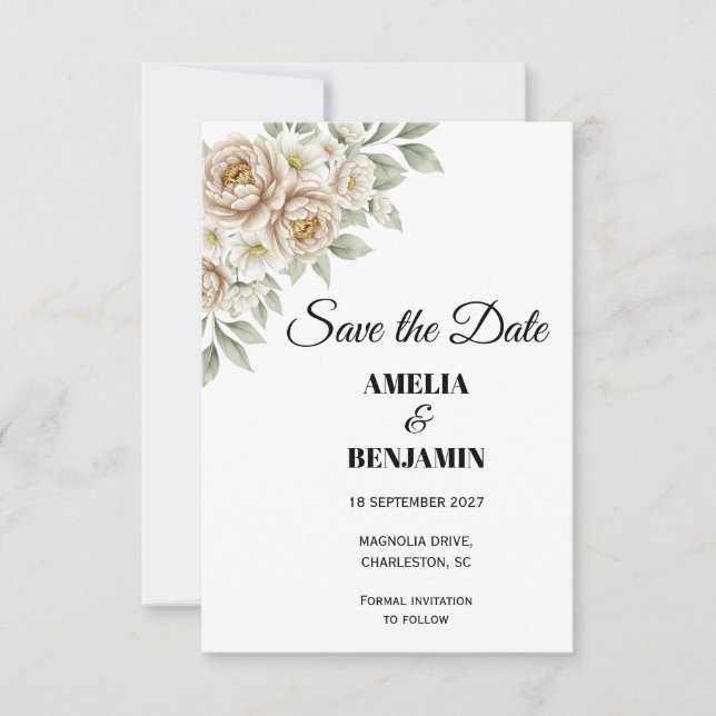 Whimsical Blush Peony Flowers Script Save the Date (Front)