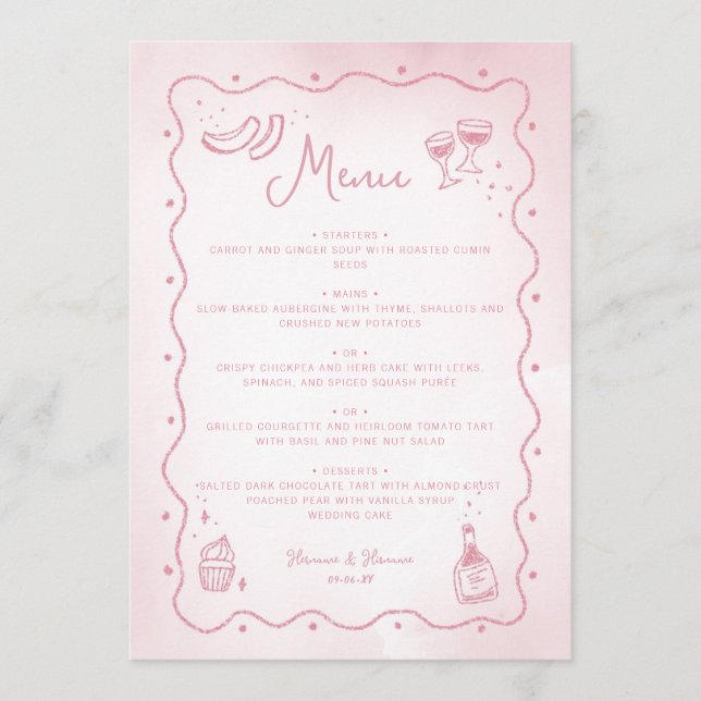 Whimsical Blush Pink Hand Drawn Food Wedding Menu (Front)