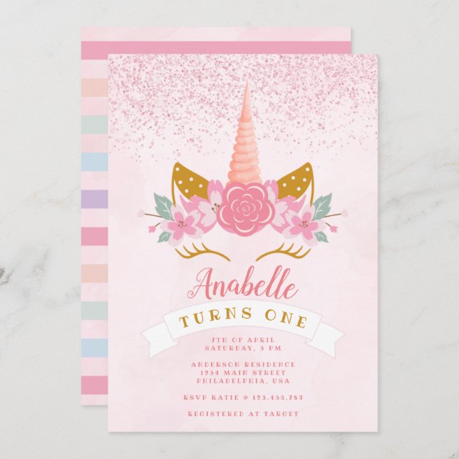 Whimsical Blush Pink Rainbow Unicorn Birthday Invitation (Front/Back)