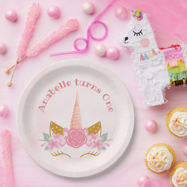 Whimsical Blush Pink Unicorn First Birthday Paper Plate (Party)