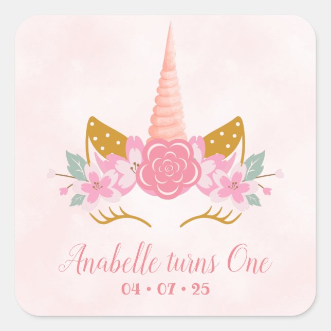 Whimsical Blush Pink Unicorn First Birthday Square Sticker (Front)