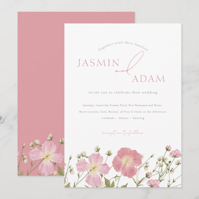 Whimsical Blush Pink Wildflowers Wedding Invitation (Front/Back)