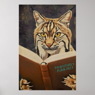 Whimsical Bobcat Reading Book Art Print - Literary