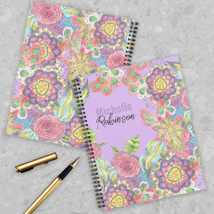 Whimsical Bohemian Colourful Flowers on Purple Notebook