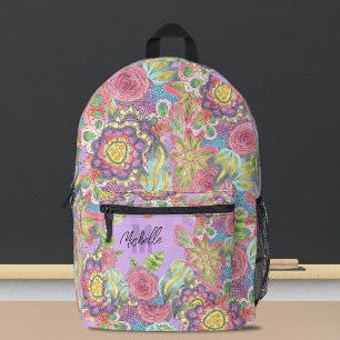 Whimsical Bohemian Colourful Flowers on Purple Printed Backpack