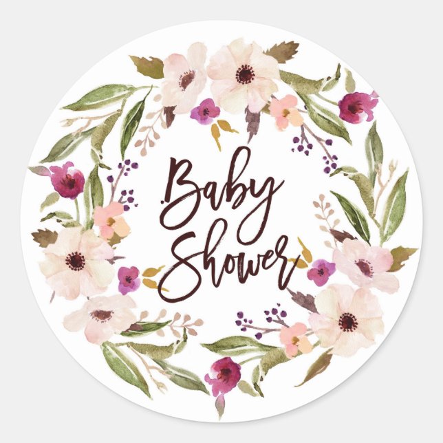 Whimsical Bohemian Floral Wreath Baby Shower Classic Round Sticker (Front)