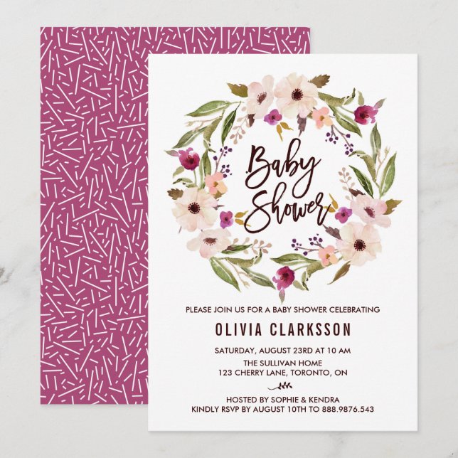 Whimsical Bohemian Floral Wreath Baby Shower Invitation (Front/Back)