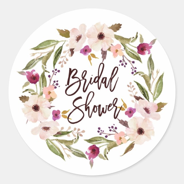 Whimsical Bohemian Floral Wreath Bridal Shower Classic Round Sticker (Front)