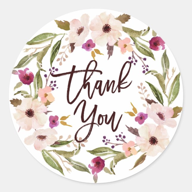Whimsical Bohemian Floral Wreath Thank You Classic Round Sticker (Front)