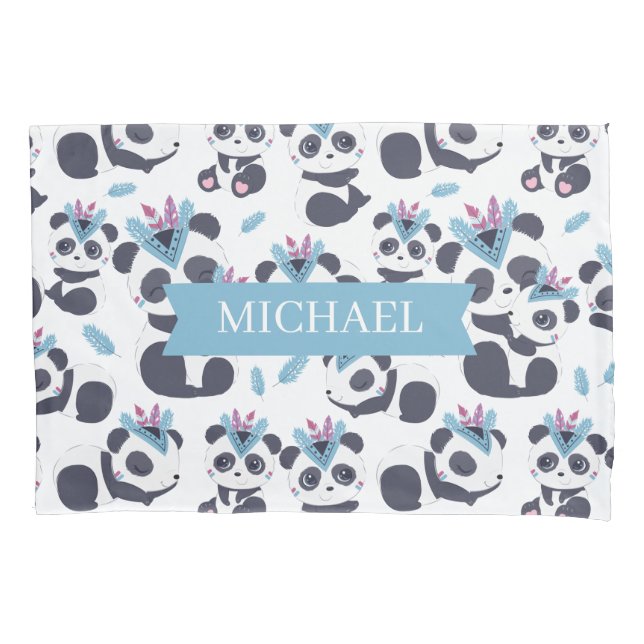 Whimsical Bohemian Panda Pattern Custom Name Pillowcase (Front)