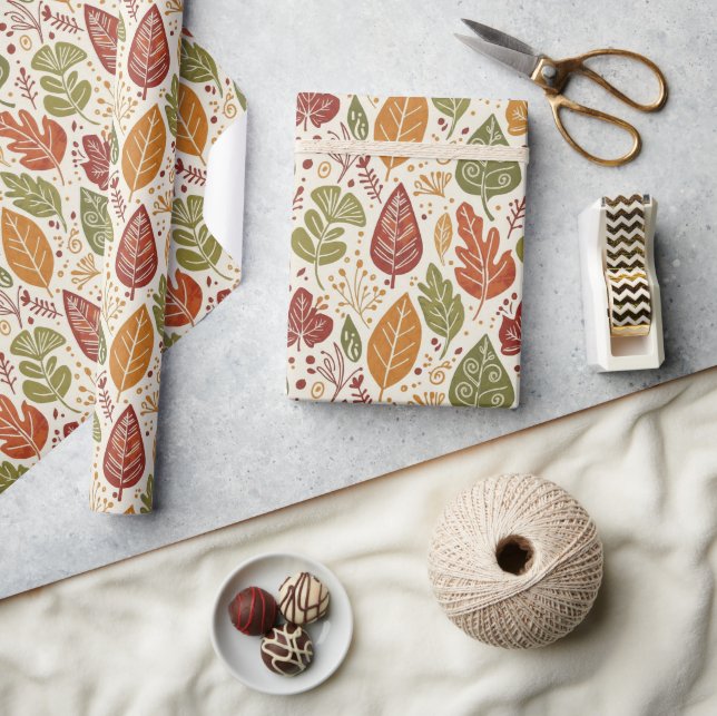 Whimsical Boho Autumn Leaves Watercolor Wrapping Paper (Crafts)
