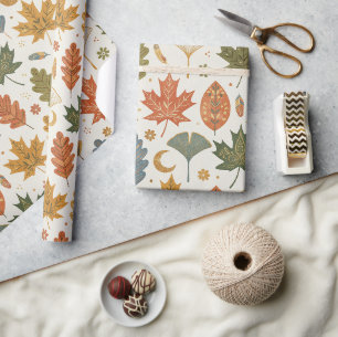 Whimsical Boho Autumn Leaves Watercolor Wrapping Paper