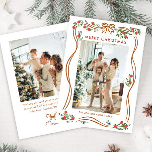 Whimsical Boho Beige Christmas Bow Ribbon 2 Photo Holiday Card