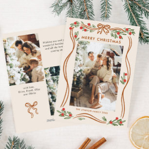 Whimsical Boho Beige Christmas Bow Ribbon 3 Photo Holiday Card