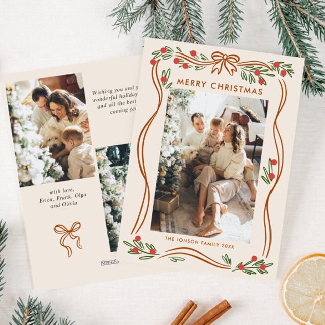 Whimsical Boho Beige Christmas Bow Ribbon 3 Photo Holiday Card (Creator Uploaded)