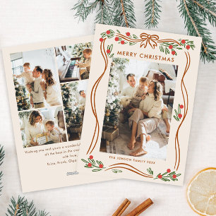 Whimsical Boho Beige Christmas Bow Ribbon 5 Photo Holiday Card