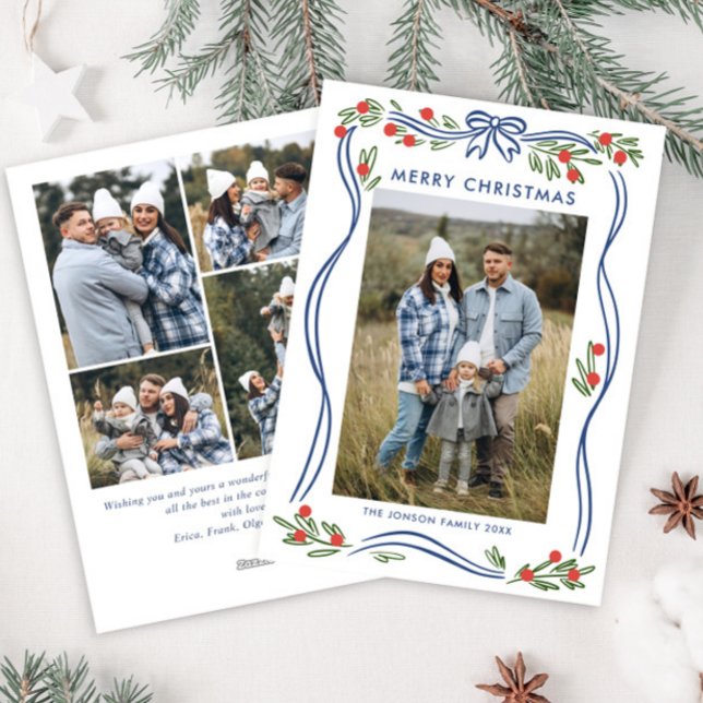 Whimsical Boho Blue Christmas Bow Ribbon 5 Photo Holiday Card (Creator Uploaded)