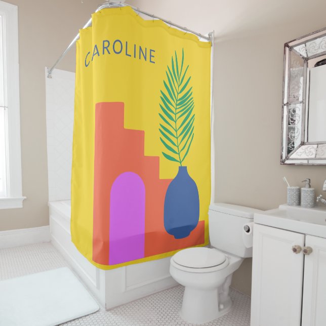 Whimsical Boho Botanical Shapes Personalised Name  Shower Curtain (In Situ)