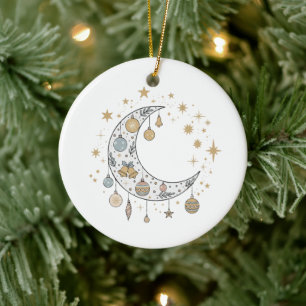 Whimsical Boho Celestial Christmas Moon & Stars Ceramic Tree Decoration