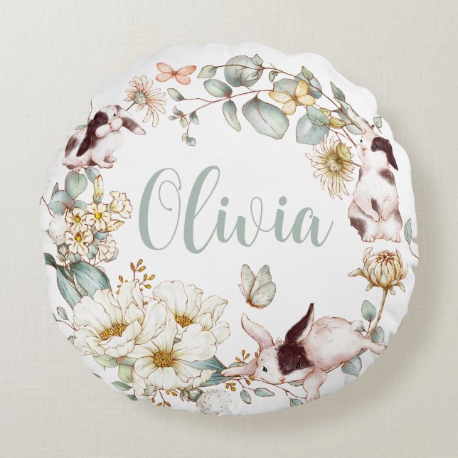 Whimsical Boho Chic Bunny Rabbit Botanical Floral  Round Cushion (Front)