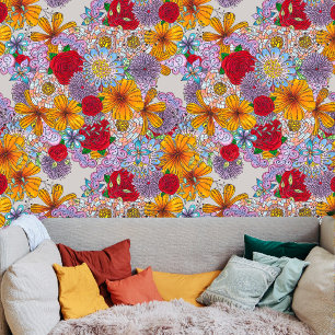 Whimsical Boho Chic Orange Red Pink Florals Wallpaper