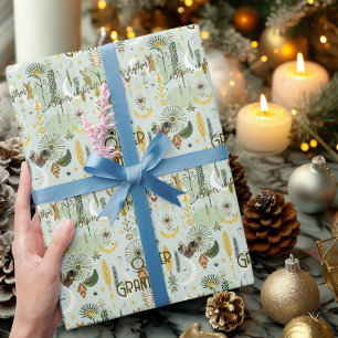 Whimsical Boho Chic with Earthy Green and Gold Wrapping Paper