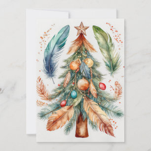 Whimsical Boho Christmas Tree Ornaments & Feathers Holiday Card