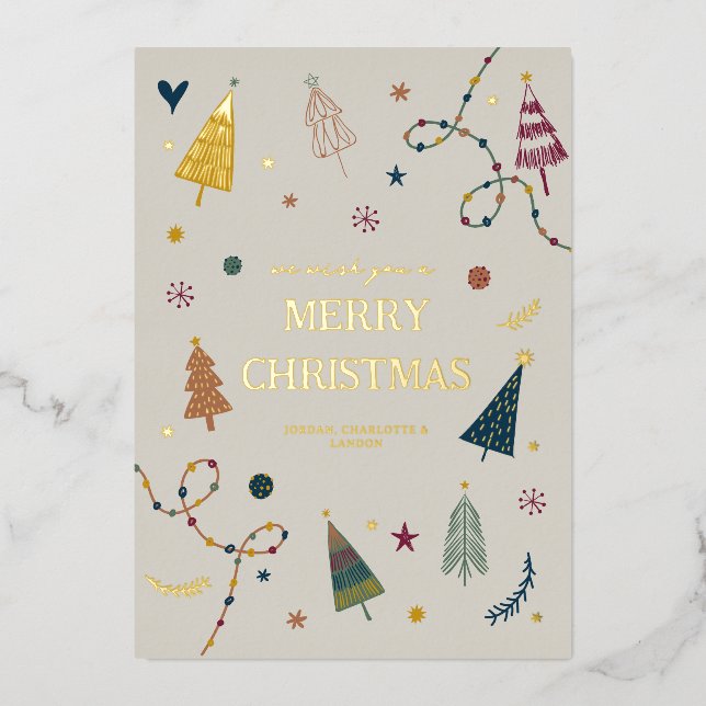 Whimsical Boho Christmas Trees Gold Holiday Card (Front)