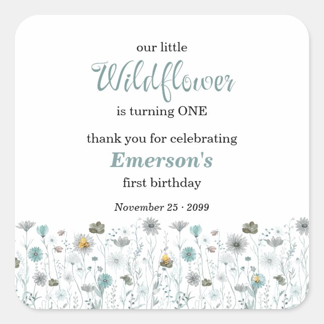 Whimsical Boho Colour Wildflower 1st Birthday Part Square Sticker (Front)