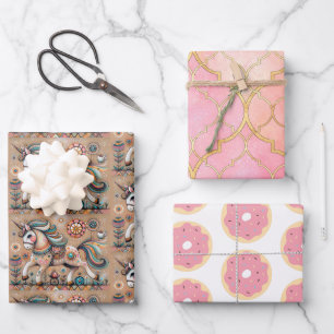 Whimsical Boho Decorative Unicorn Doughnut Wrapping Paper Sheet