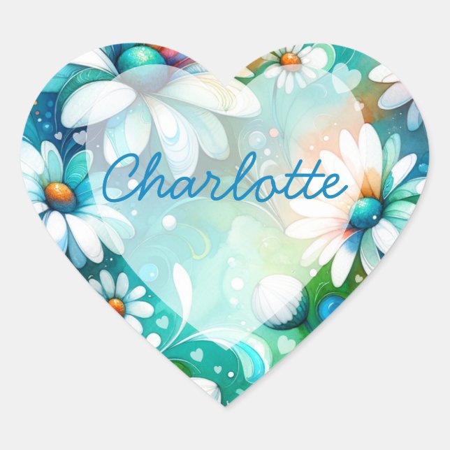 Whimsical Boho Floral Daisy with Hearts Heart Sticker (Front)