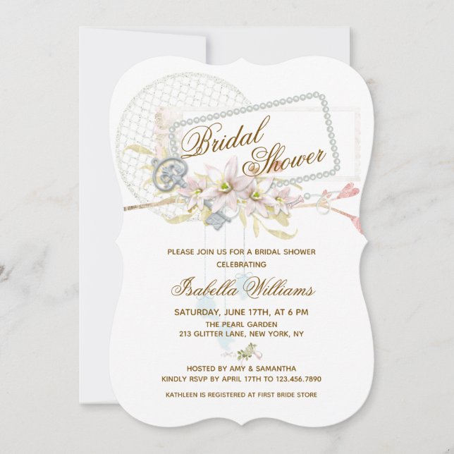 Whimsical Boho Floral Pearl Wreath Bridal Shower Invitation (Front)