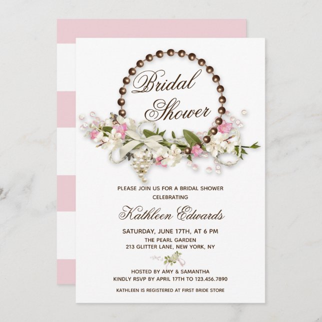 Whimsical Boho Floral Pearl Wreath Bridal Shower Invitation (Front/Back)
