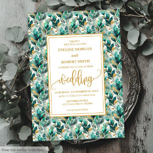 Whimsical Boho Forest Green Gold Greenery Wedding Invitation