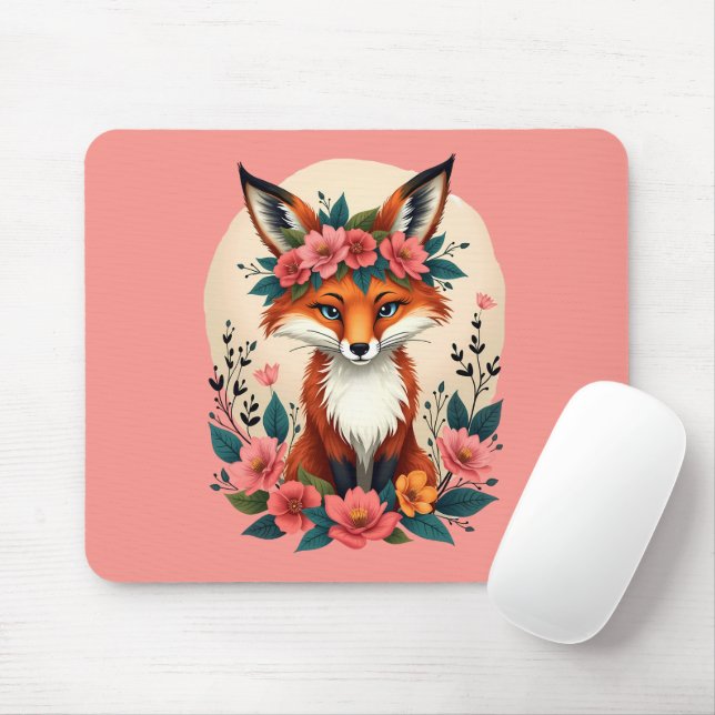 Whimsical Boho Fox with Floral Crown Woodland Art Mouse Mat (With Mouse)