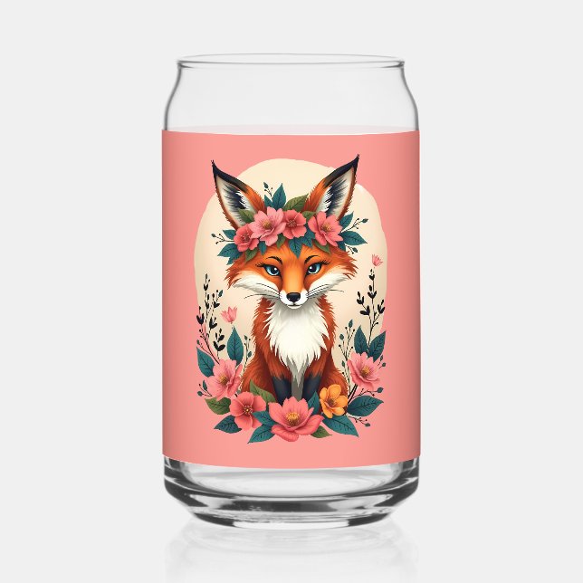 Whimsical Boho Fox with Floral Crown Woodland Can Glass (Front)