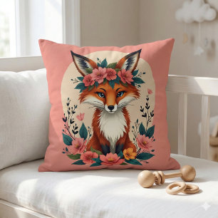 Whimsical Boho Fox with Floral Crown Woodland Cushion