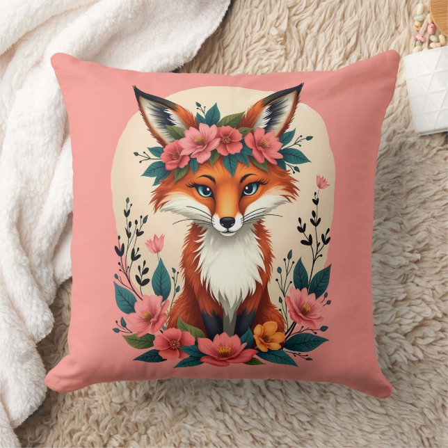 Whimsical Boho Fox with Floral Crown Woodland Cushion (Blanket)