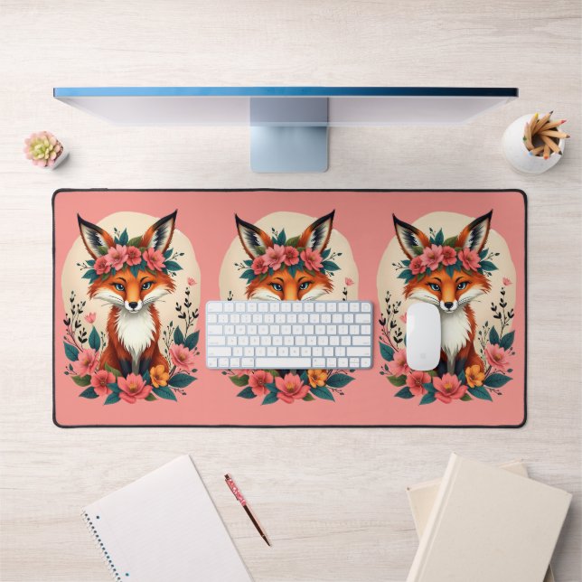 Whimsical Boho Fox with Floral Crown Woodland Pink Desk Mat (Office 1)