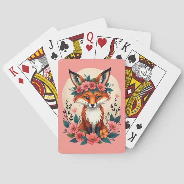 Whimsical Boho Fox with Floral Crown Woodland Playing Cards (Back)