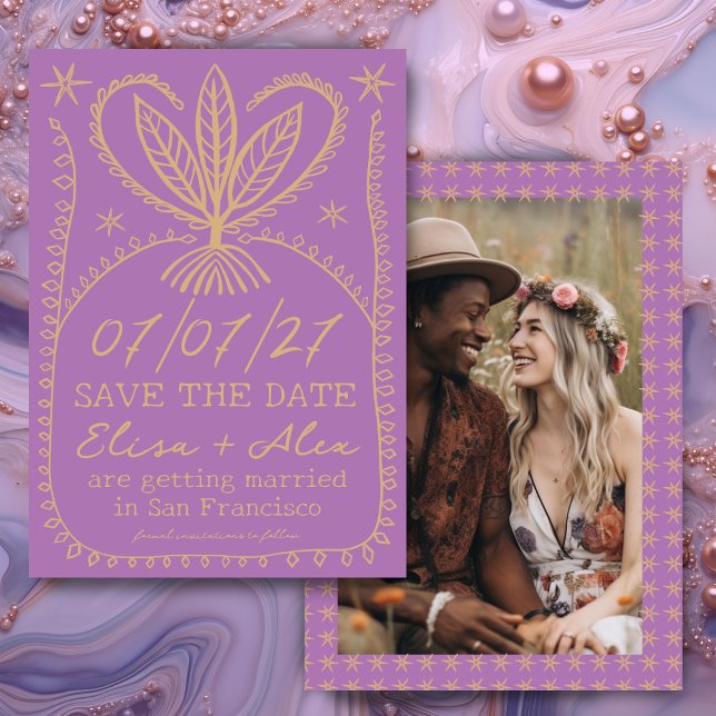 Whimsical Boho Frame SAVE THE DATE CUSTOM PHOTO (Whimsical Boho Frame SAVE THE DATE CUSTOM PHOTO
Purple Gold Botanical)