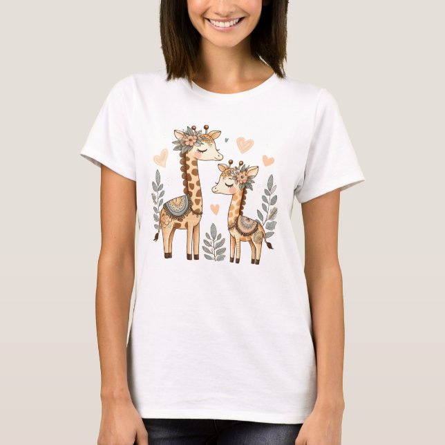 Whimsical Boho Giraffe Family with Floral T-Shirt (Front)