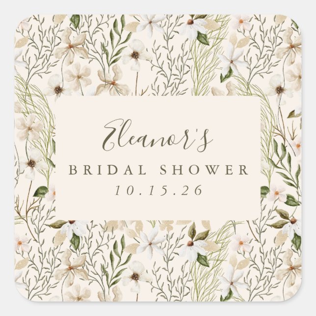 Whimsical Boho Greenery Foliage Bridal Shower Square Sticker (Front)