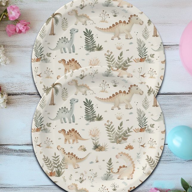 Whimsical Boho Jungle Dinosaur Pattern Paper Plate (Creator Uploaded)