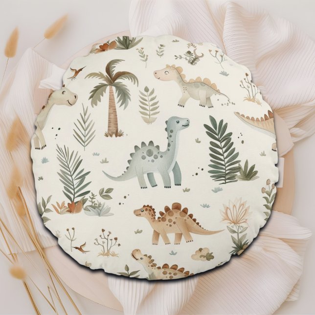 Whimsical Boho Jungle Dinosaur Pattern Round Cushion (Creator Uploaded)