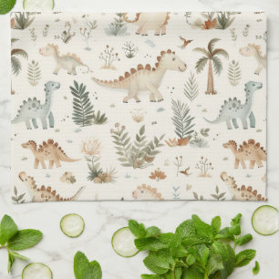 Whimsical Boho Jungle Dinosaur Pattern Tea Towel