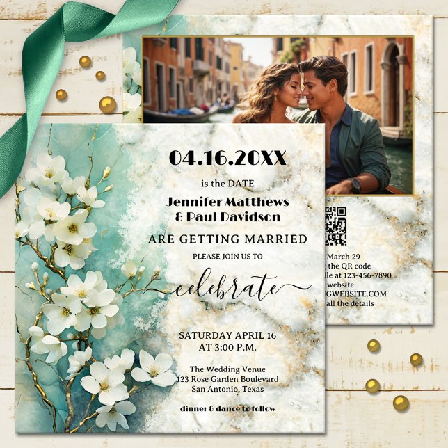Whimsical Boho Marble Floral All in One Wedding Invitation (An artistic whimsical all-in-one wedding invitation featuring a painting of white flowers on marble)