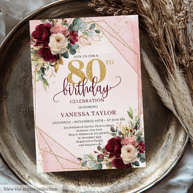 Whimsical Boho Merlot Gold Flowers 80th Birthday  Invitation (Whimsical Boho Merlot Gold Flowers 80th Birthday Invitation)